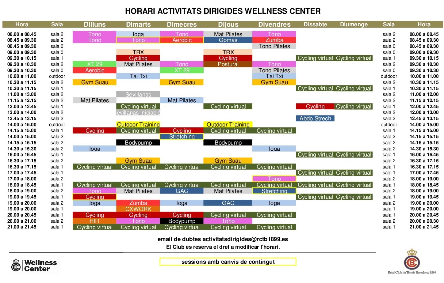 Cambio de horarios y de sesiones de las Actividades Dirigidas Cambio de horarios y de sesiones de las Actividades Dirigidas