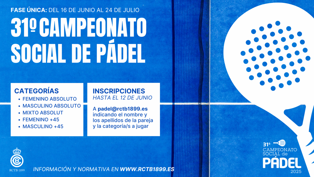 Si quieres participar en el 31º Campeonato Social de Pádel que se juega del 16 de junio al 24 de julio, ya puedes inscribirte